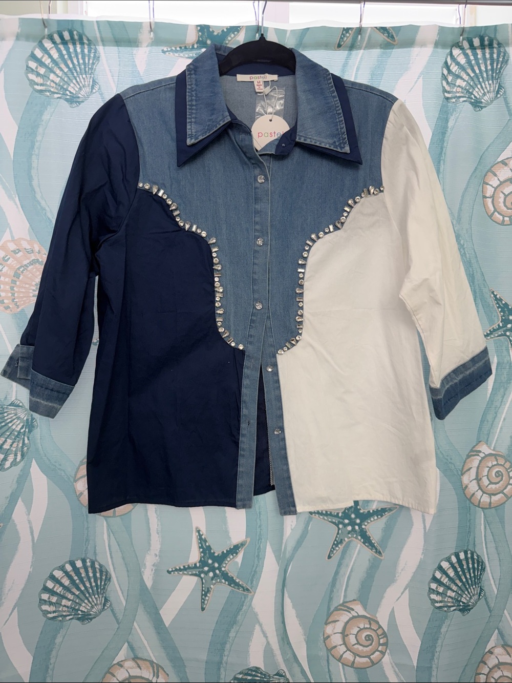 Pastels Colorblock Pearl-Trim Button-Down Shirt in Navy, Denim & White